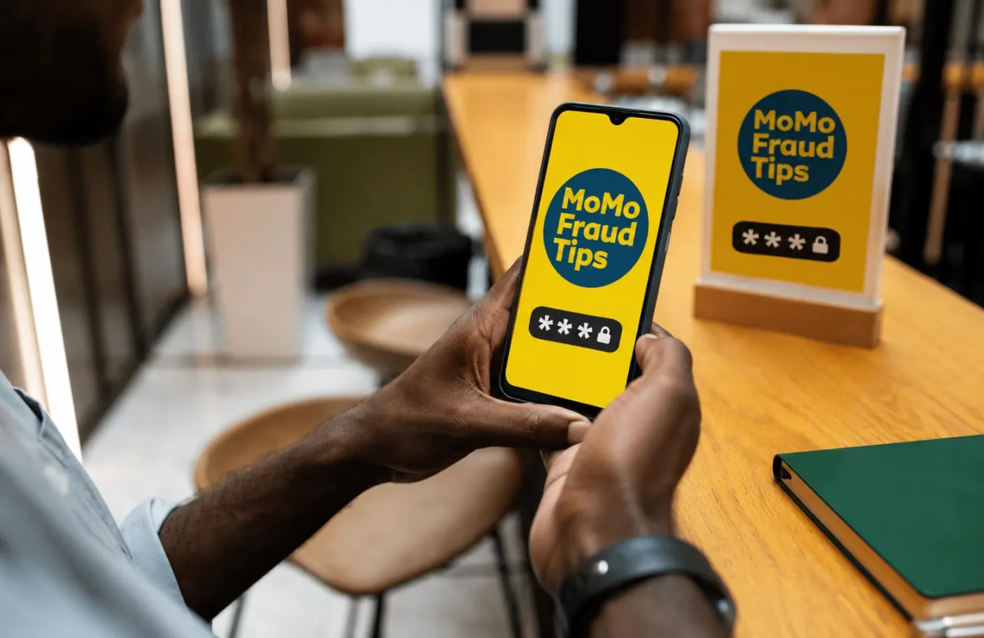 An agent reading MoMo fraud tips on a phone